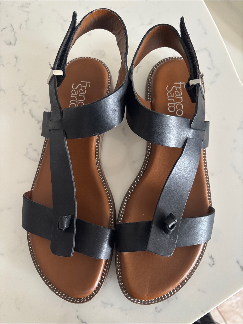 Franco Sarto Black Leather T-Strap Sling Sandals